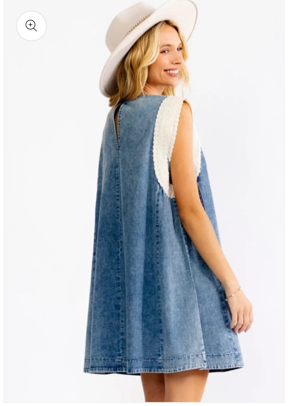 Denim A-Line Lace Detail Dress - Medium Blue